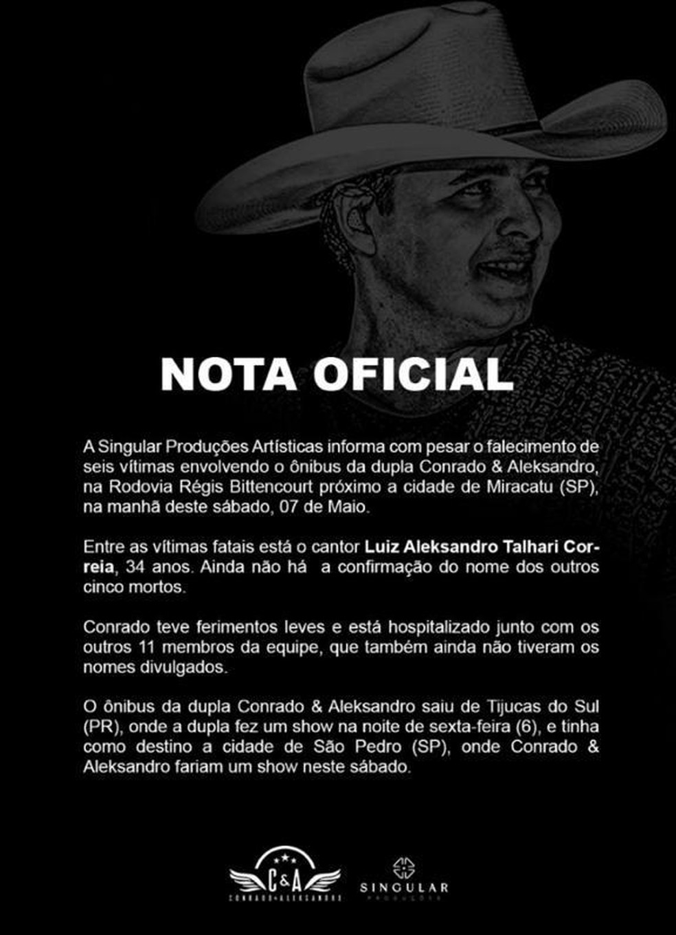 Perfil da dupla sertaneja Conrado & Aleksandro emitiu uma nota oficial após acidente nas redes sociais  — Foto: Instagram/Reprodução