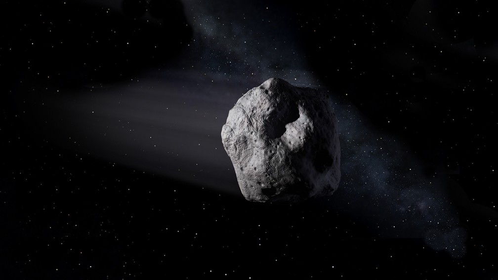 Ilustração mostra o asteroide 2020 SW viajando através do espaço. — Foto: Nasa/JPL-Caltech