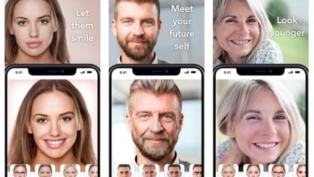 O FaceApp oferece vários filtros para editar o rosto, entre eles o de envelhecimento facial (ao centro) (Foto: FaceApp via BBC)