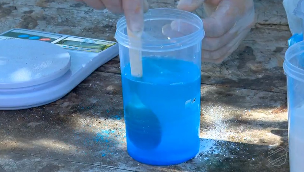 Em um recipiente coloque o sulfato de cobre com água — Foto: Reprodução/TVCA