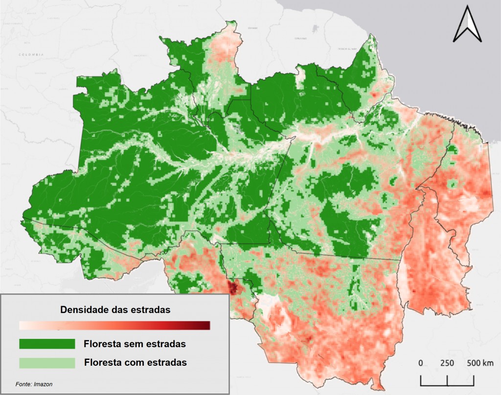 Mapa mpostra densidade das estradas na Amazônia Legal (Foto: Imazon)