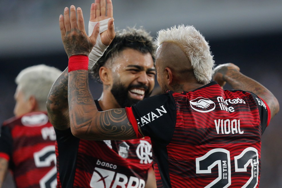 Gabi e Vidal comemorando gol do Flamengo no clássico contra o Botafogo — Foto: Fotos: Gilvan de Souza/Flamengo