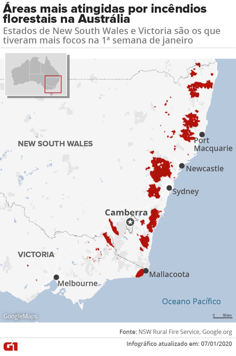 Áreas mais atingidas por incêndios florestais na Austrália.  — Foto: Arte/G1