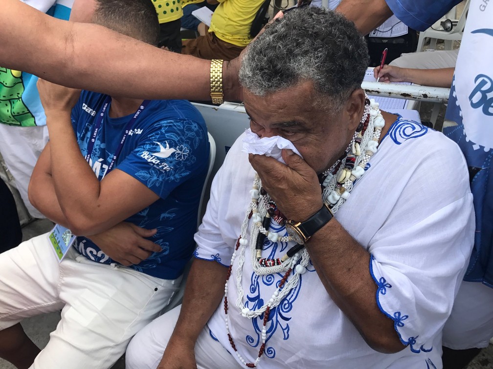 Laíla, da Beija-flor, se emociona com os bons resultados da Beija-flor; escola foi a campeã do Grupo Especial 2018 no Rio (Foto: Cristina Boeckel/G1)