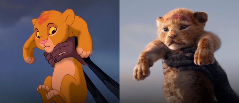 Simba na versão de 1994 e no filme de 2019 — Foto: Divulgação/Disney