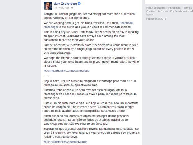 Mark Zuckerberg, cofundador e presidente-executivo do Faceboo, comenta bloqueio do Whatsapp no Brasil (Foto: Reprodução/Facebook/Marck Zuckerberg)