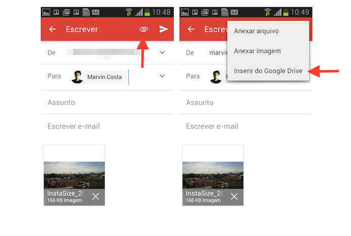 Acessando o Google Drive atrav?s de uma nova mensagem do Gmail para Android para anexar arquivos da nuvem (Foto: Reprodu??o/Marvin Costa)