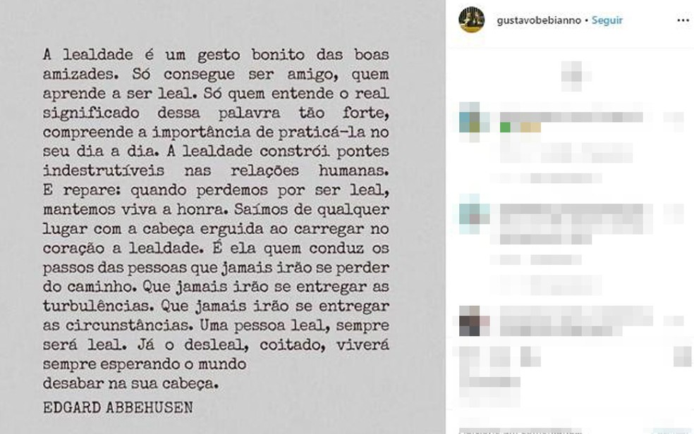 Gustavo Bebianno postou texto do escritor baiano Edgard Abbehusen  — Foto: Reprodução/Instagram