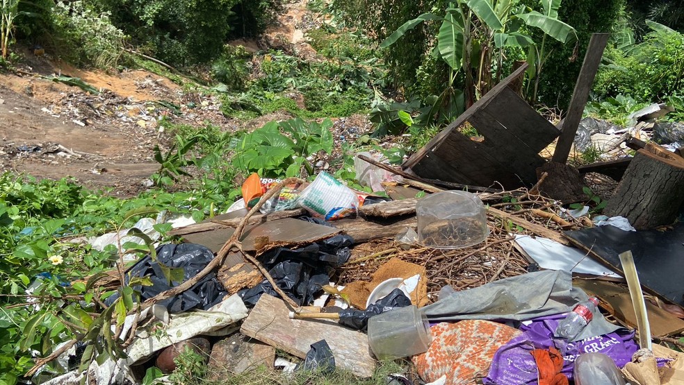 Lixo ficava acumulado na parte superior do barranco que deslizou em Manaus.  — Foto: Patrick Marques, do g1 AM 