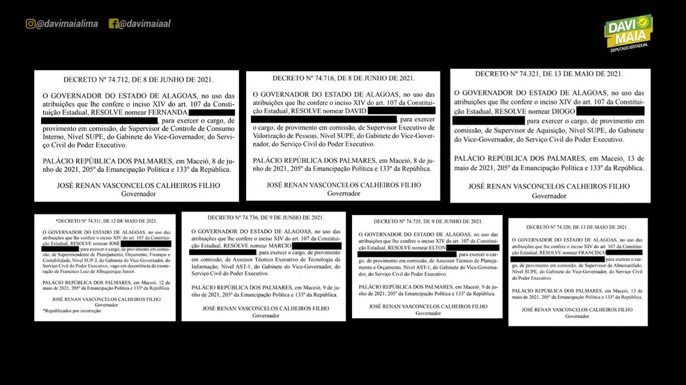 Na denúncia feita pelo deputado estadual Davi Maia constam as portarias publicadas no Diário Oficial do Estado com as nomeações para o gabinete do vice-governador de Alagoas — Foto: Reprodução/Vídeo