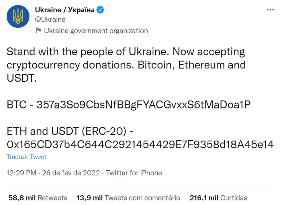 Post do governo da Ucrânia pedindo doações — Foto: Reprodução/Twitter