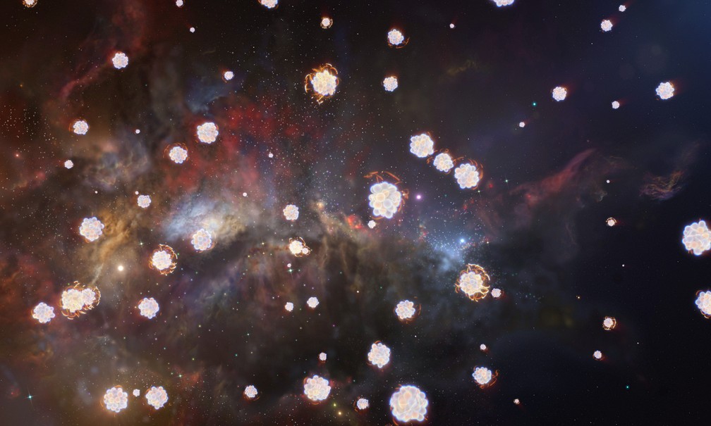 Imagem artística mostra nuvem de gás com diferentes elementos químicos, ilustrados aqui por representações esquemáticas dos vários átomos. — Foto: ESO/L. Calçada, M. Kornmesser