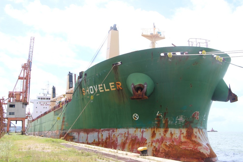 Navio Shoveler, de Chipre, tem 19 tripulantes e nove foram diagnosticados com Covid-19, segundo Porto do Recife e a Anvisa — Foto: Reprodução/WhatsApp