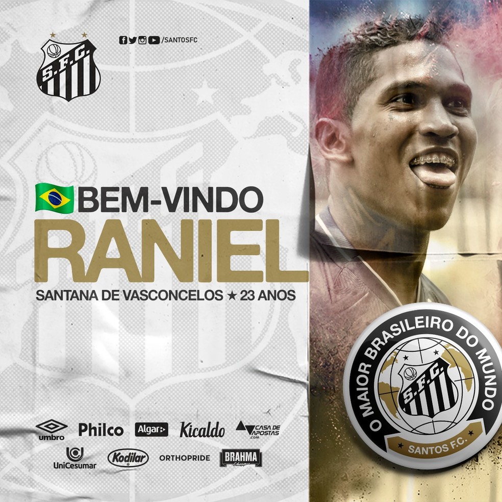 Raniel assinou com o Santos até 2023 — Foto: Divulgação/Santos