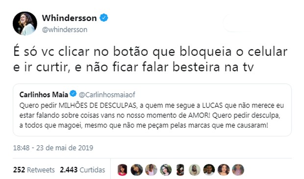 Whindersson Nunes rebate Carlinhos Maia (Foto: ReproduÃ§Ã£o/Twitter)