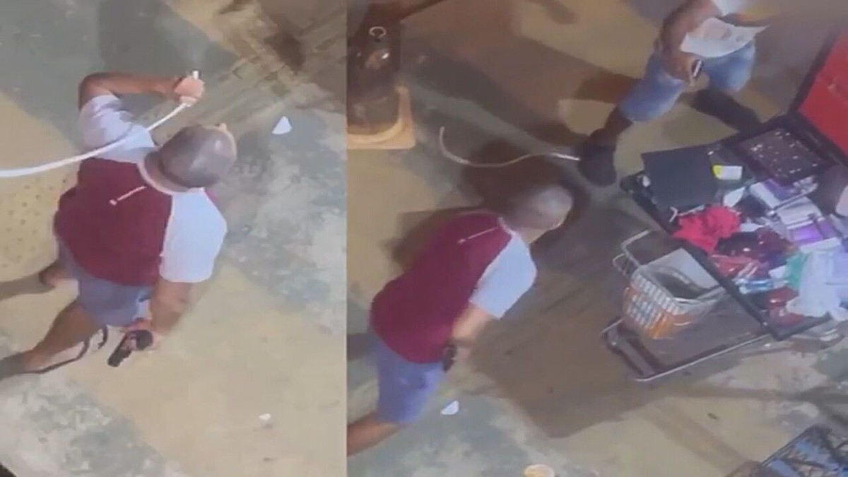 PM com arma em punho &eacute; filmado dando chibatadas em homem ajoelhado que  esperava por prato de macarr&atilde;o; v&iacute;deo | Goi&aacute;s | G1