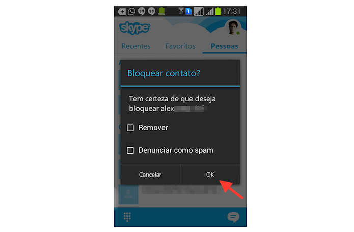 Confirmando o bloqueio de um contato no Skype para Android (Foto: Reprodução/Marvin Costa)