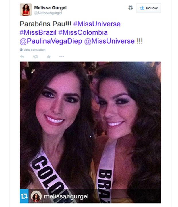 Melissa Gurgel posta foto ao lado da vencedora do Miss Universo, a colombiana  Paulina Vega (Foto: Reprodução/ Twitter)