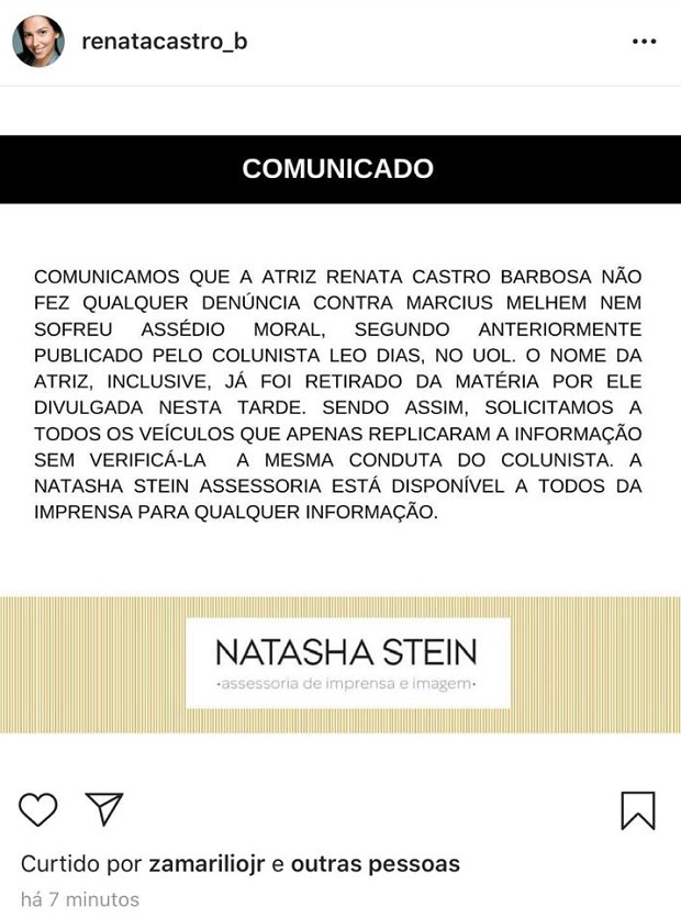 Renata Castro Barbosa nega ter sofrido assédio moral de Marcius Melhem (Foto: Reprodução/Instagram)