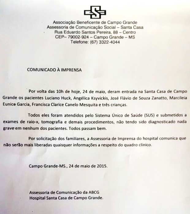 Nota divulgada pela Santa Casa sobre estado de saúde de Angélica e Luciano. (Foto: Reprodução/Divulgação)