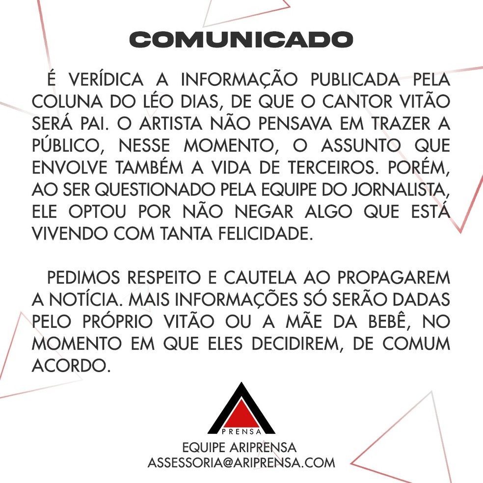 O comunicado da assessoria de imprensa de Vitão — Foto: Divulgação