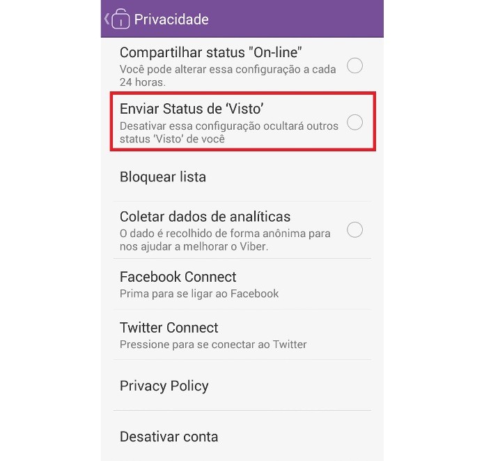 Desativando o status de mensagem lida no Viber (Foto: Reprodução/Lívia Dâmaso)