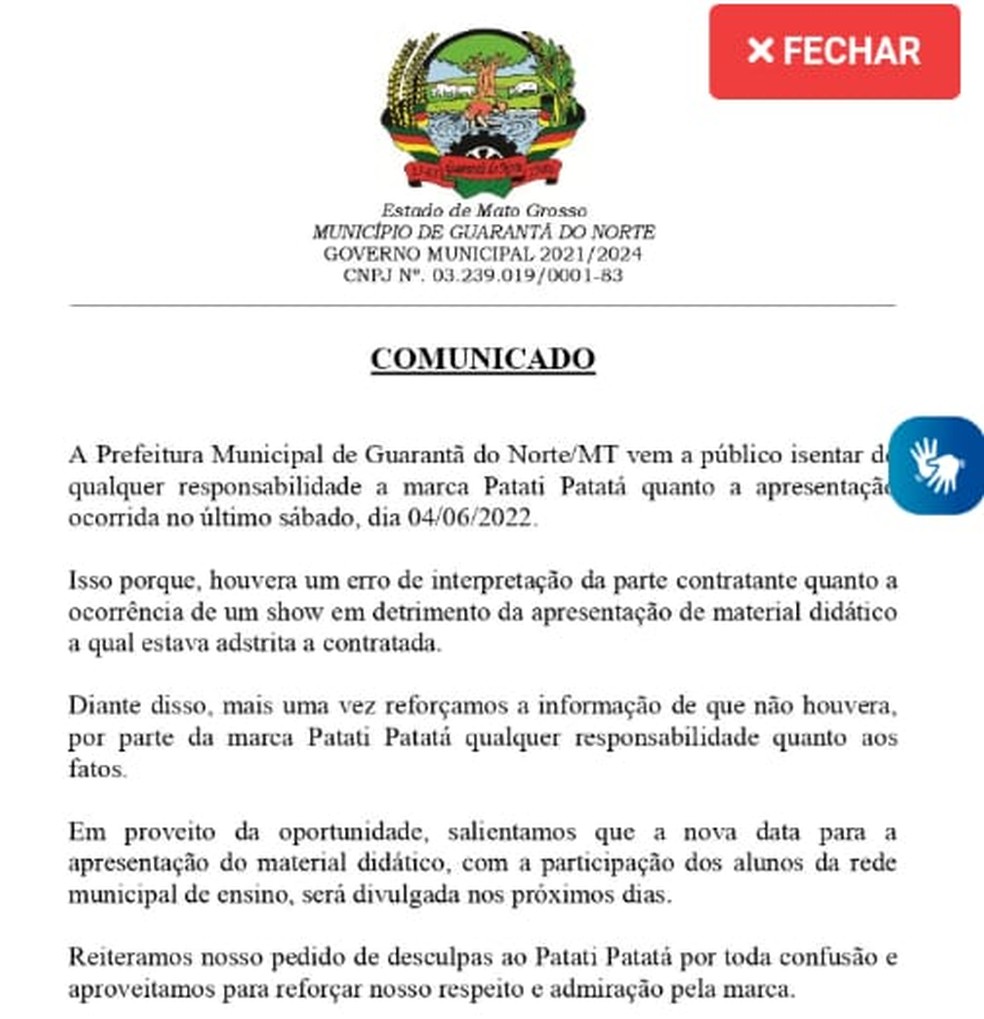 Prefeitura admite que houve erro de interpretação — Foto: Reprodução
