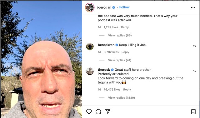 Comentário de The Rock em apoio a Joe Rogan (Foto: Reprodução/Instagram)