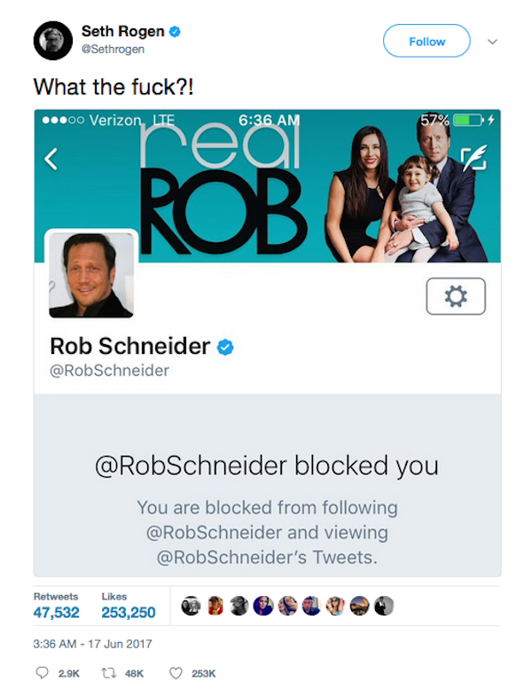 Seth Rogen revelando ter sido bloqueado por Rob Schneider (Foto: Twitter)
