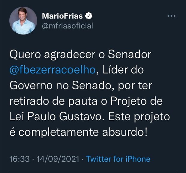 Mario Frias critica projeto de lei Paulo Gustavo (Foto: Reprodução/Twitter)
