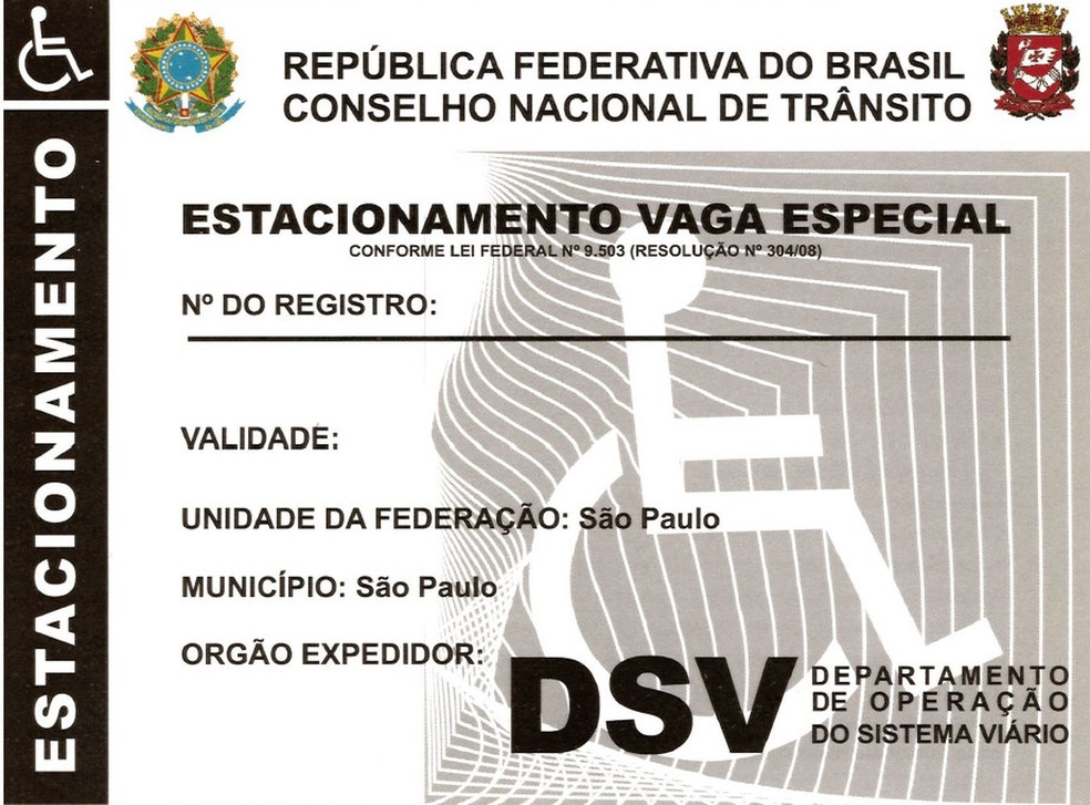 Cópia do cartão de estacionamento para pessoas com deficiência emitido pelo DSV em SP — Foto: Secretaria Municipal de Transportes
