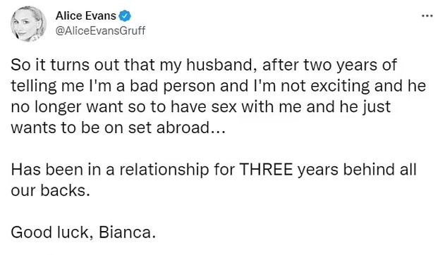 O post de Alice Evans acusando o ex-marido de tê-la traído por três anos (Foto: Twitter)