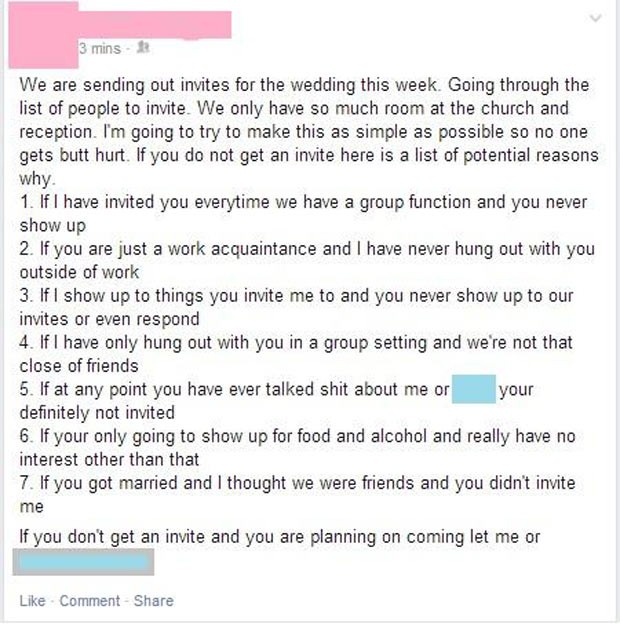 O post da noiva que decidiu listar os sete motivos para ter eliminado alguns convidados da sua festa (Foto: Reprodução / Facebook)