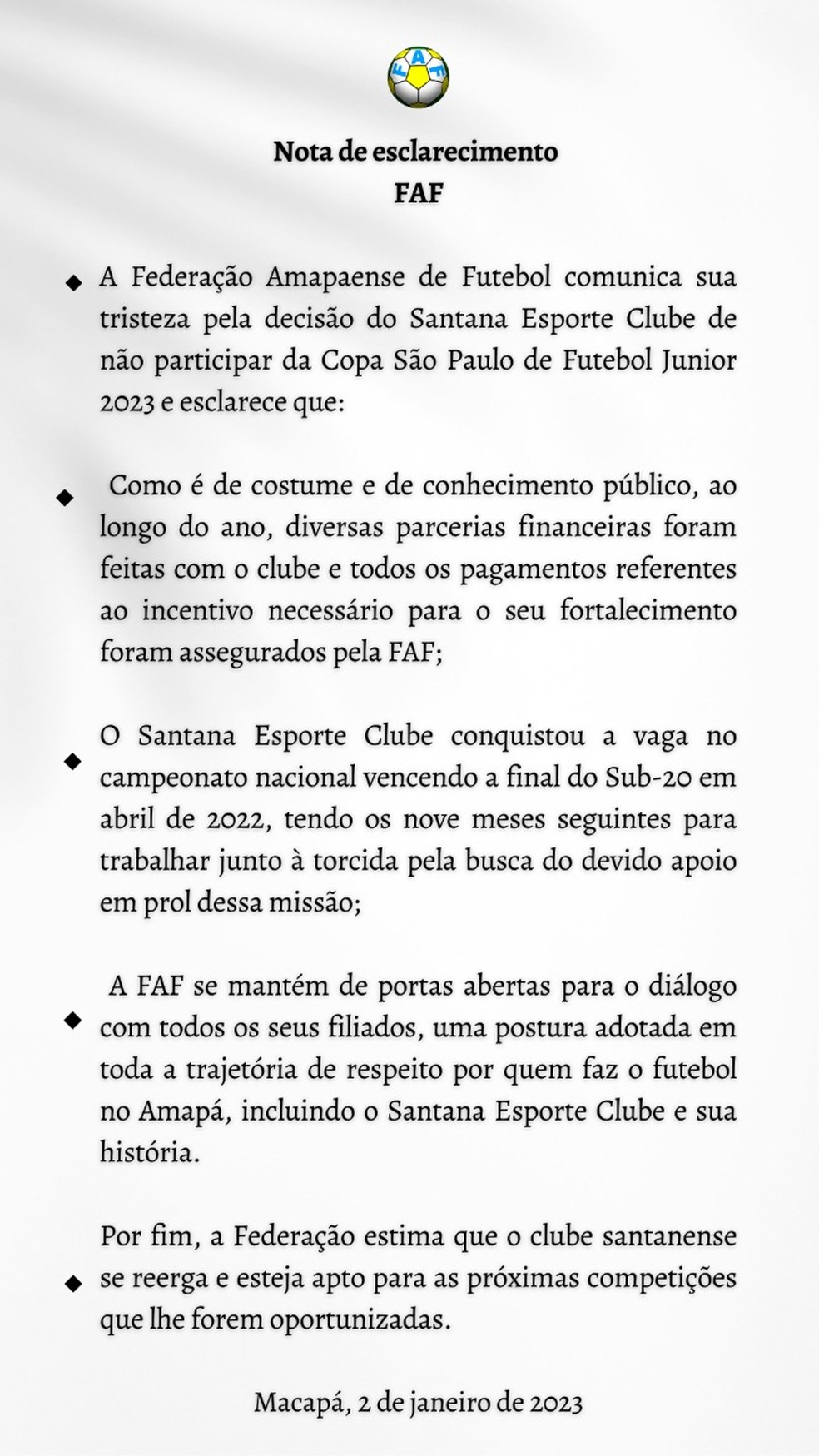 Nota da FAF  Foto: Divulgao/FAF