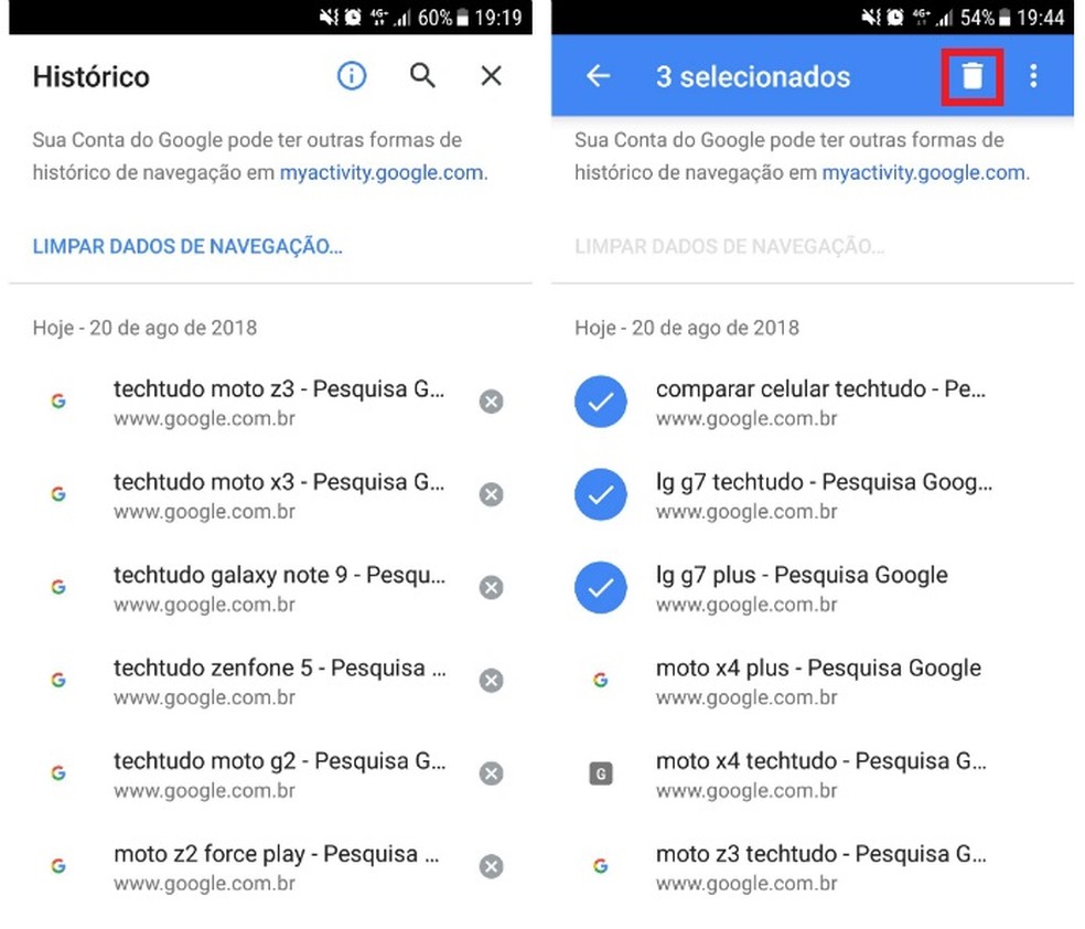 Pressione e marque as buscas específicas que deseja apagar (Foto: Reprodução/Caroline Parreiras)