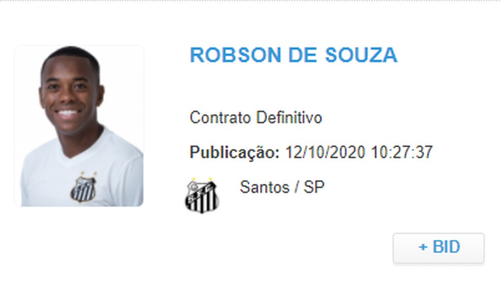 Nome de Robinho, do Santos, é publicado no BID — Foto: Reprodução