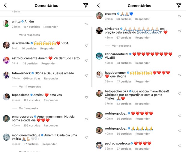 Comentários de famosos em publicação de Thales Bretas (Foto: Reprodução/Instagram)
