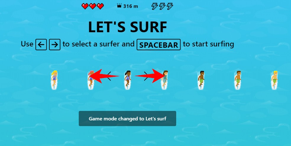 Jogo de surf do Microsoft Edge tem vários personagens — Foto: Reprodução/Rodrigo Fernandes