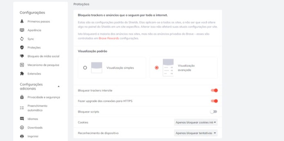 Tela de configuração para anúncios do navegador Brave — Foto: Reprodução/Marvin Costa