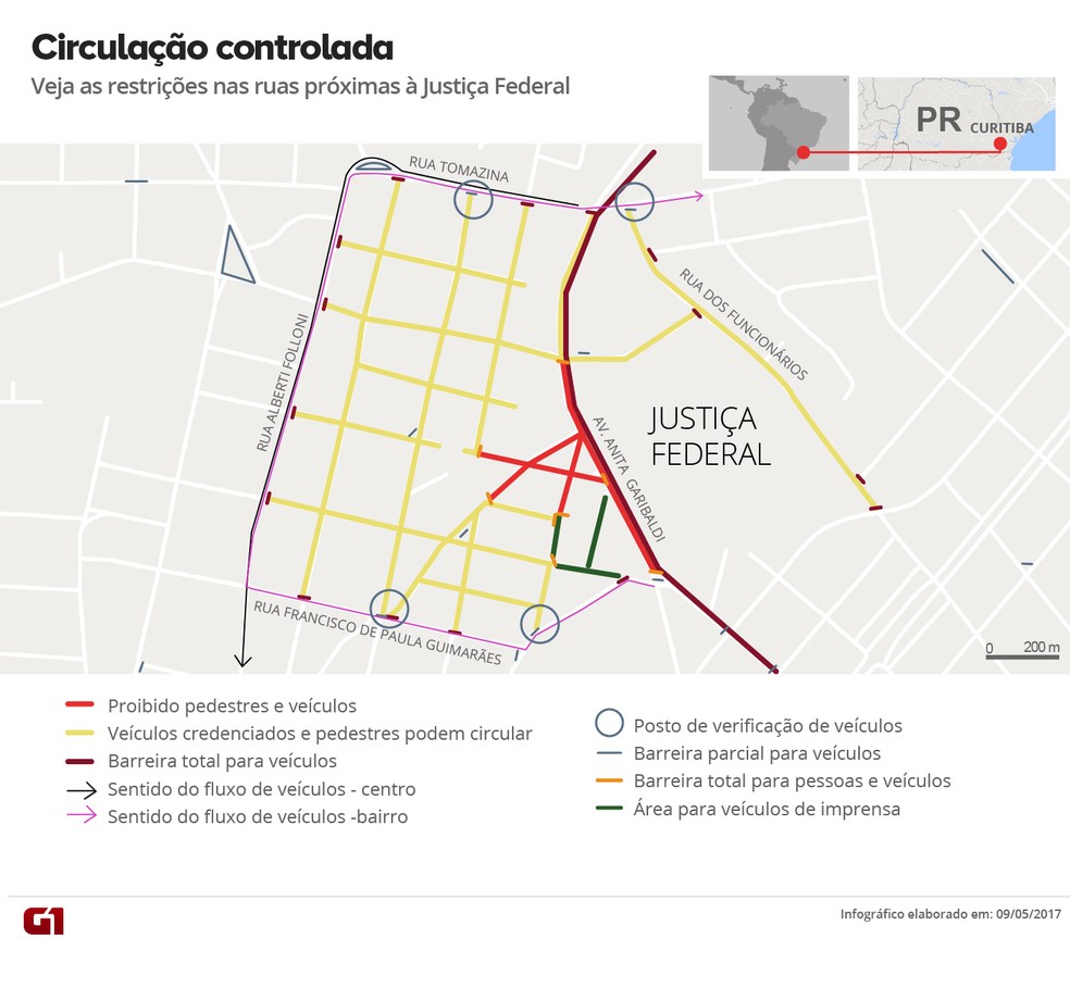 Mapa com os bloqueios no trânsito de Curitiba no dia do depoimento de Lula a Moro (Foto: Arte/G1)