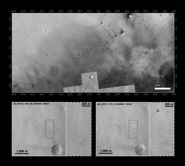 Acima, o local da colisão em perspectiva. Abaixo, o antes e o depois do impacto na superfície marciana (Foto: NASA)