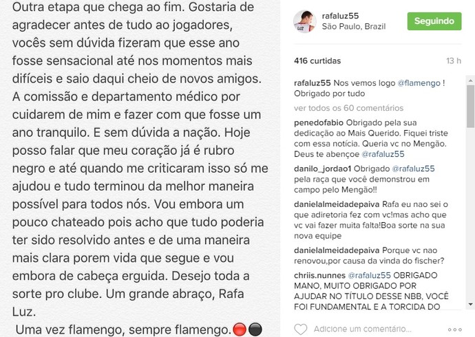 Rafa Luz Basquete Flamengo (Foto: Reprodução/Instagram)