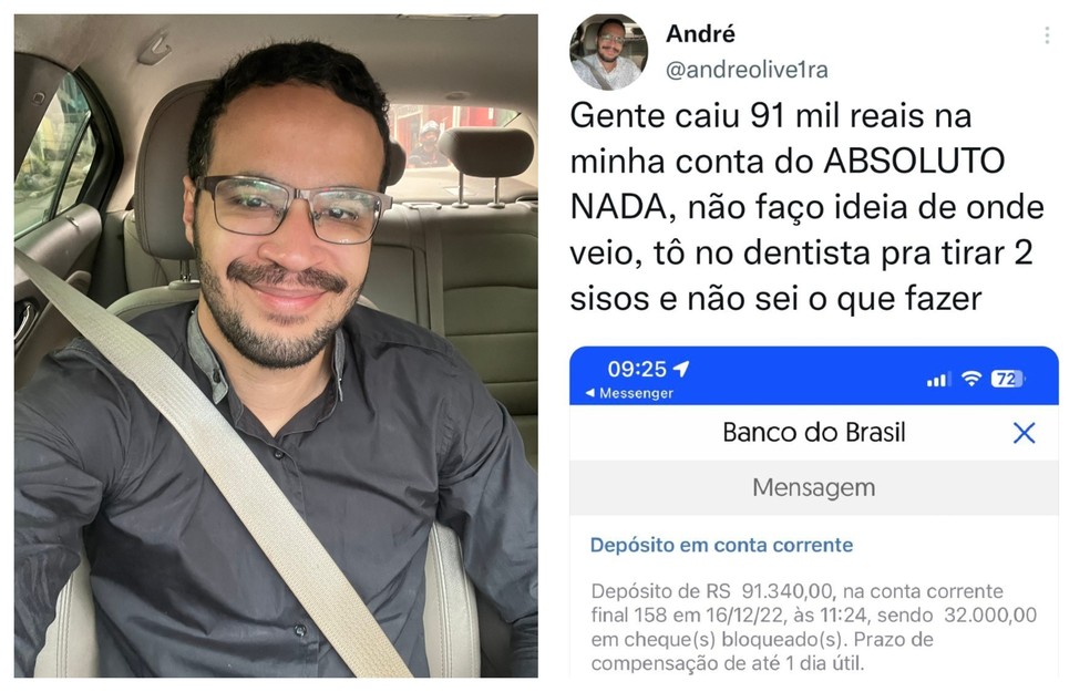 André fez a postagem no Twitter assim que aconteceu  — Foto: Arquivo pessoal e reprodução