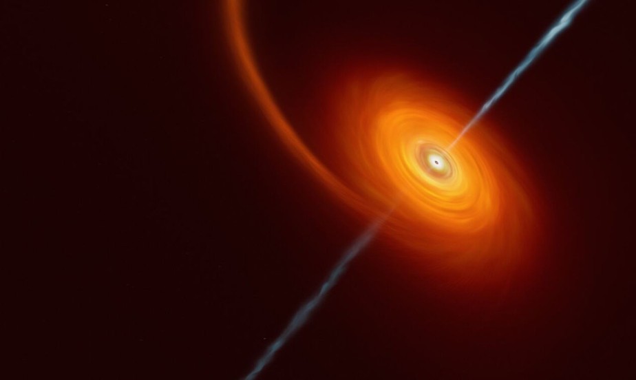 Concepção artística ilustra como é que uma estrela que se aproxima demais de um buraco negro fica 'espremida' pela enorme atração gravitacional deste objeto. Algum do material estelar é puxado e gira em torno do buraco negro, formando o disco da imagem