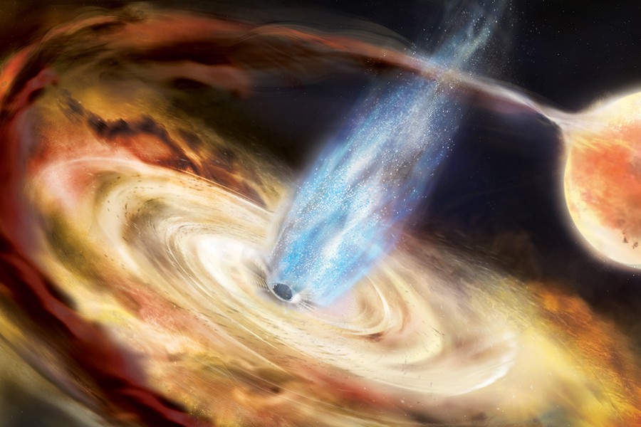 Ilustração mostra buraco negro que puxa material de uma estrela vizinha para um disco de acreção (Foto: Aurore Simonnet e Goddard Space Flight Center da NASA)