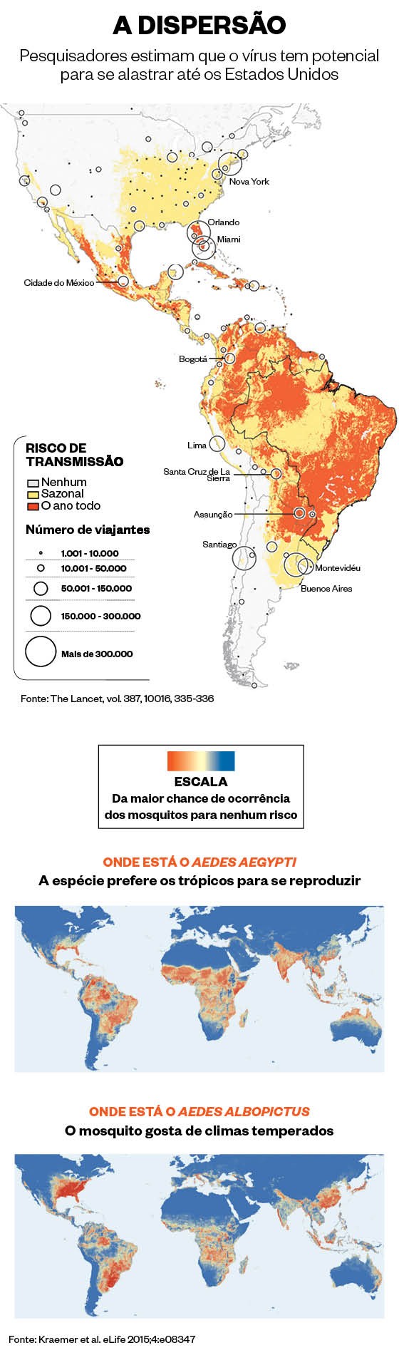 O potencial de dispersão do vírus zika (acima) e a possível ocorrência no mundo de espécies de mosquito transmissoras da doença (Foto: ÉPOCA)