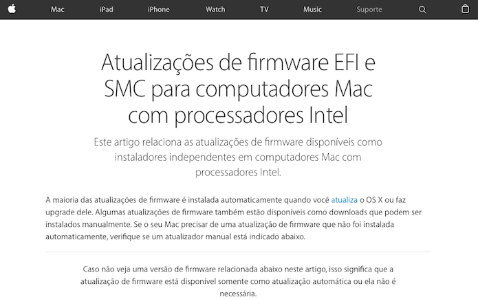 Página de suporte da Apple para atualização de firmware (Foto: Reprodução/Helito Bijora) 