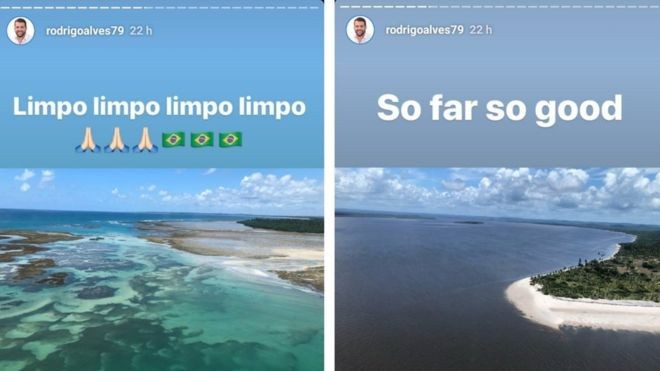 De um helicóptero, o superintendente do Ibama na Bahia, Rodrigo Alves, afirma que praias da região estão limpas (Foto: Reprodução/BBC)
