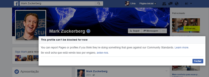 O Facebook não permite que você bloqueie Mark Zuckerberg (Foto: Reprodução/Lívia Dâmaso)