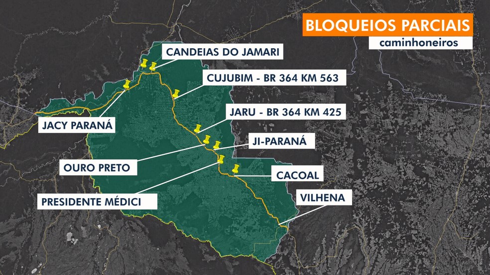 Pontos de bloqueios parciais em Rondônia no dia 9 de setembro  — Foto: Francisco Silva/Rede Amazônica
